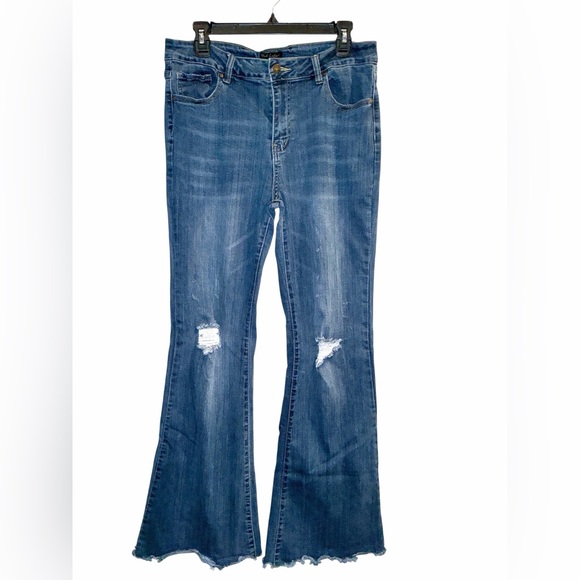 Pink Label Denim - Pink Label Flare Jeans with Distressed Details And Raw Hem, Size 13